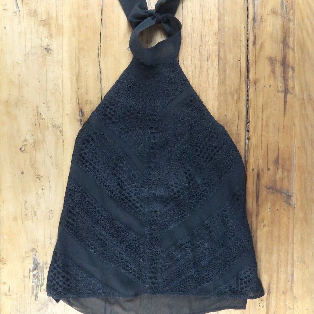 TROUVE BLACK HIGH NECK HALTER TOP WITH OVERLAY LACE DETAIL SIZE XS